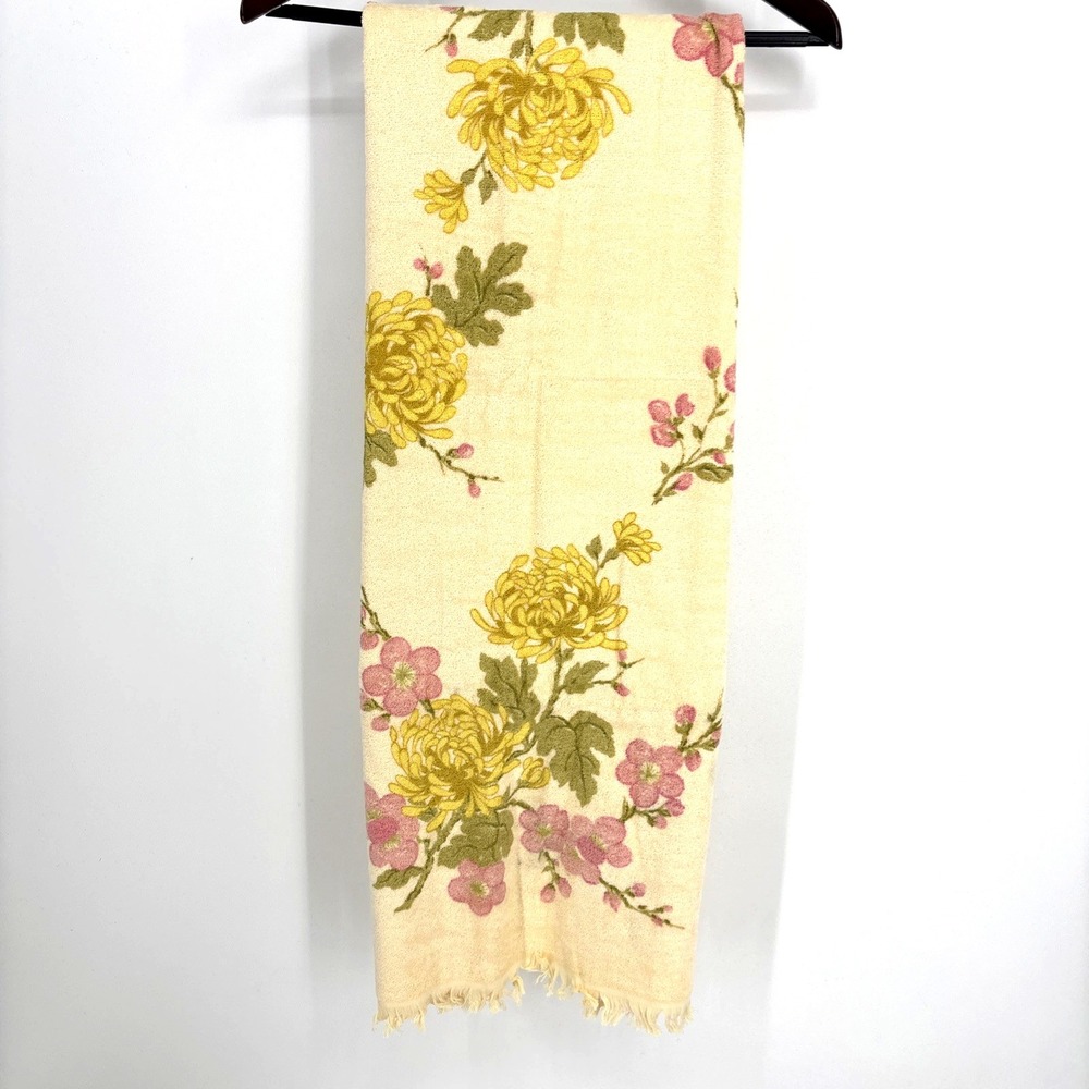 NEW VTG Sears Drylon Floral Print Butter Fringe Bath Towel MCM USA 45"x24"